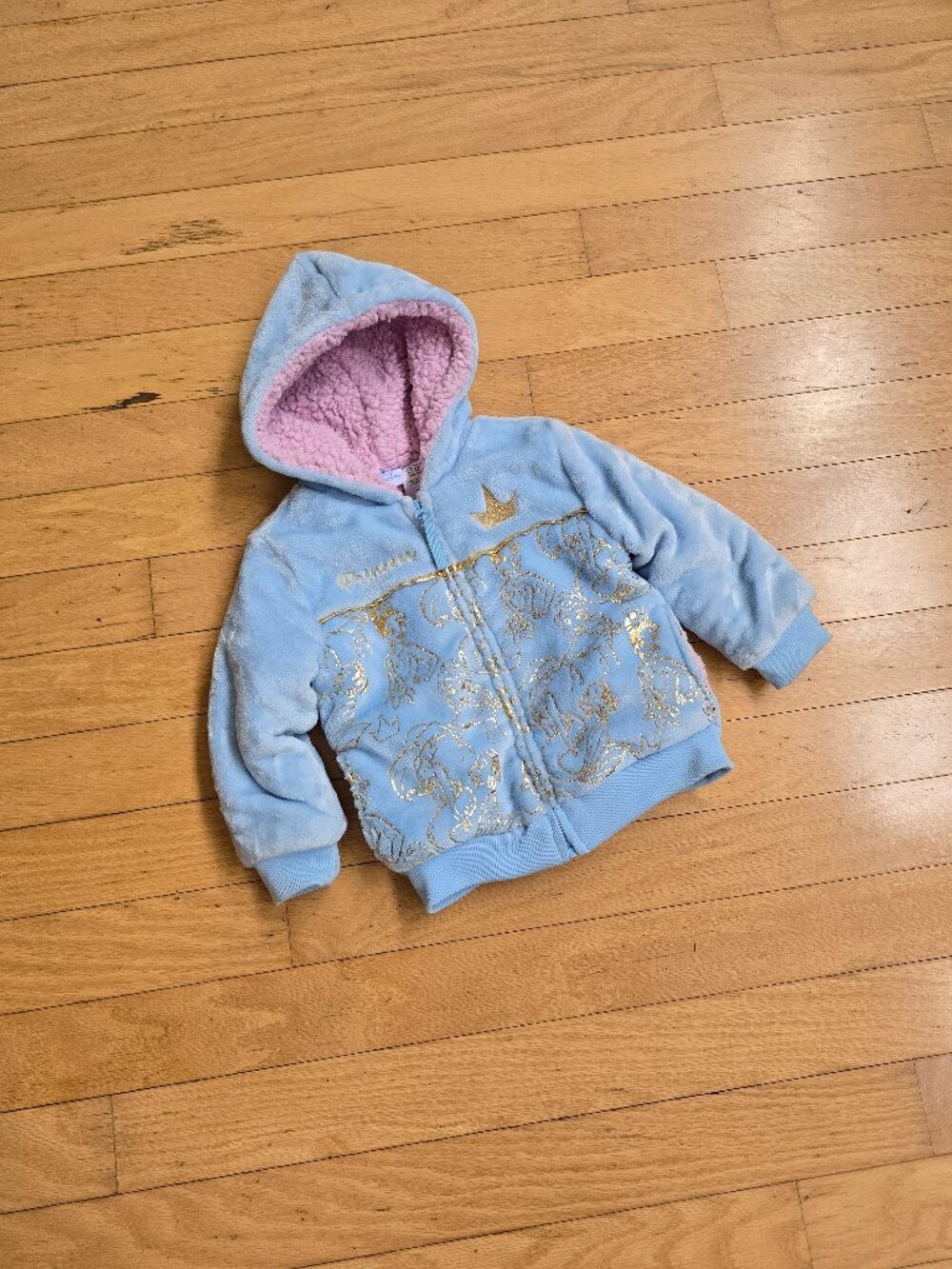 Disney | Princess Light Blue Gold Plush Fleece Sherpa Hooded Jacket | Toddler 3T